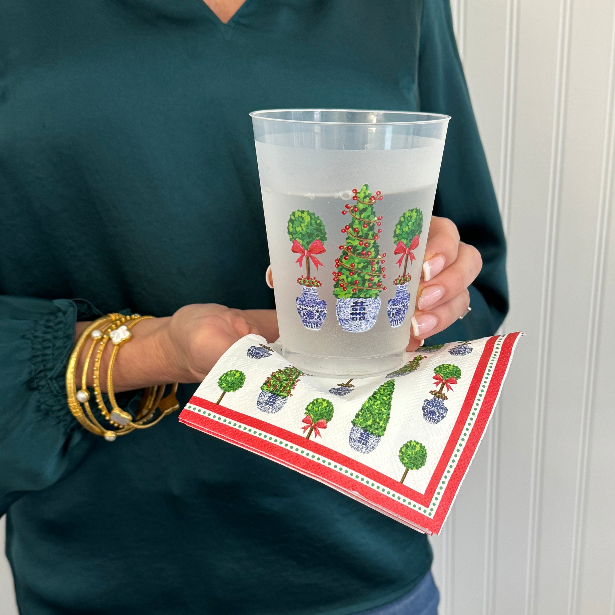 Bundle: Christmas Topiaries Shatterproof Cups Cocktail Napkins