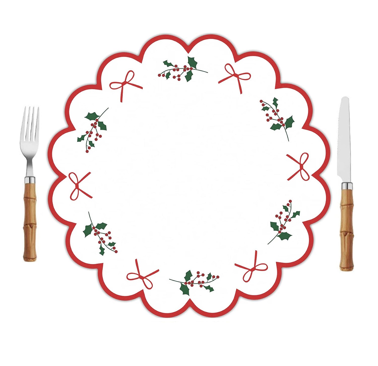 Scalloped Paper Placemats | Set of 10 | Christmas Holly