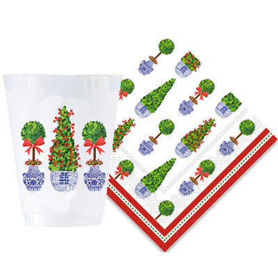 Bundle: Christmas Topiaries Shatterproof Cups Cocktail Napkins