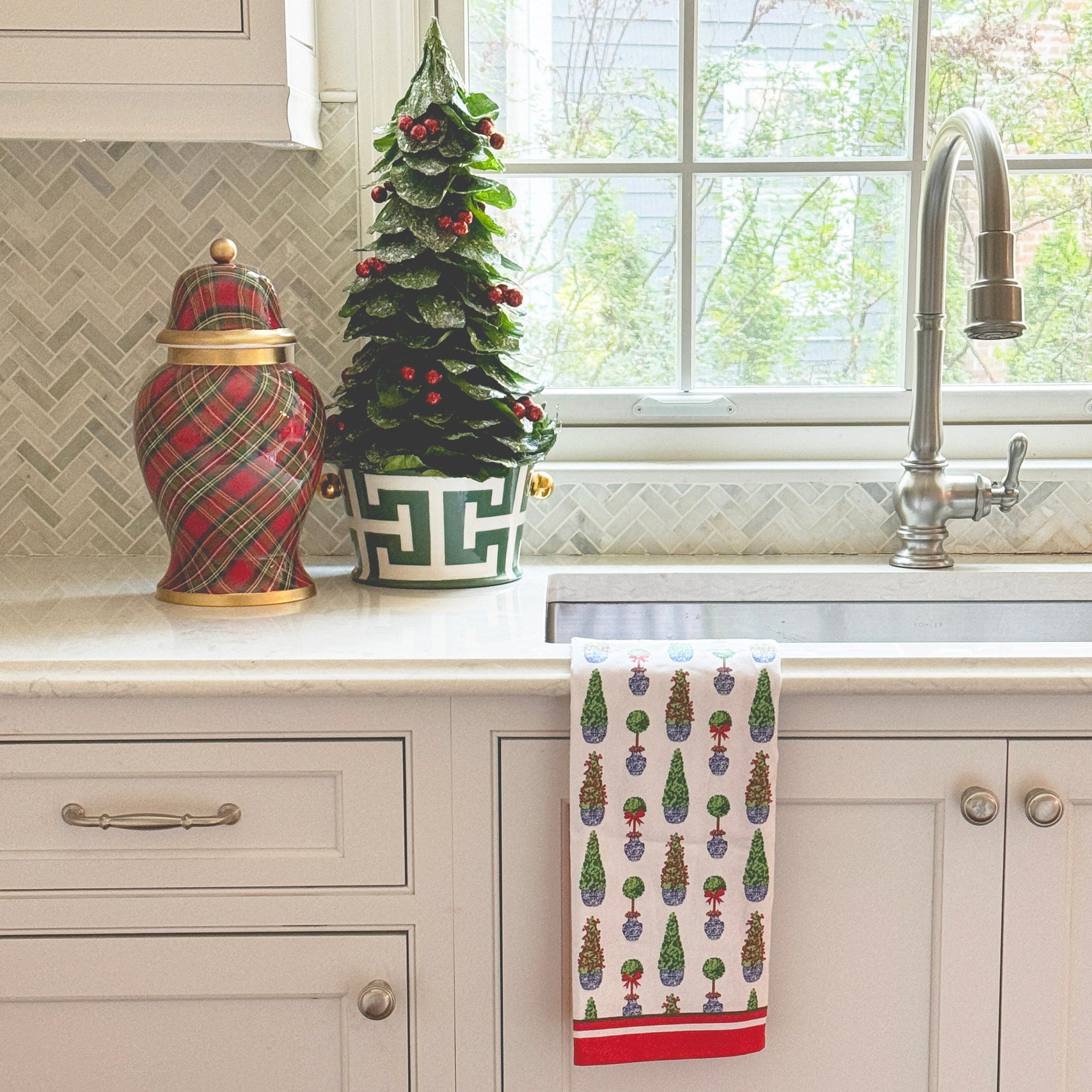 WH Hostess Cotton Tea Towel | Christmas Topiaries