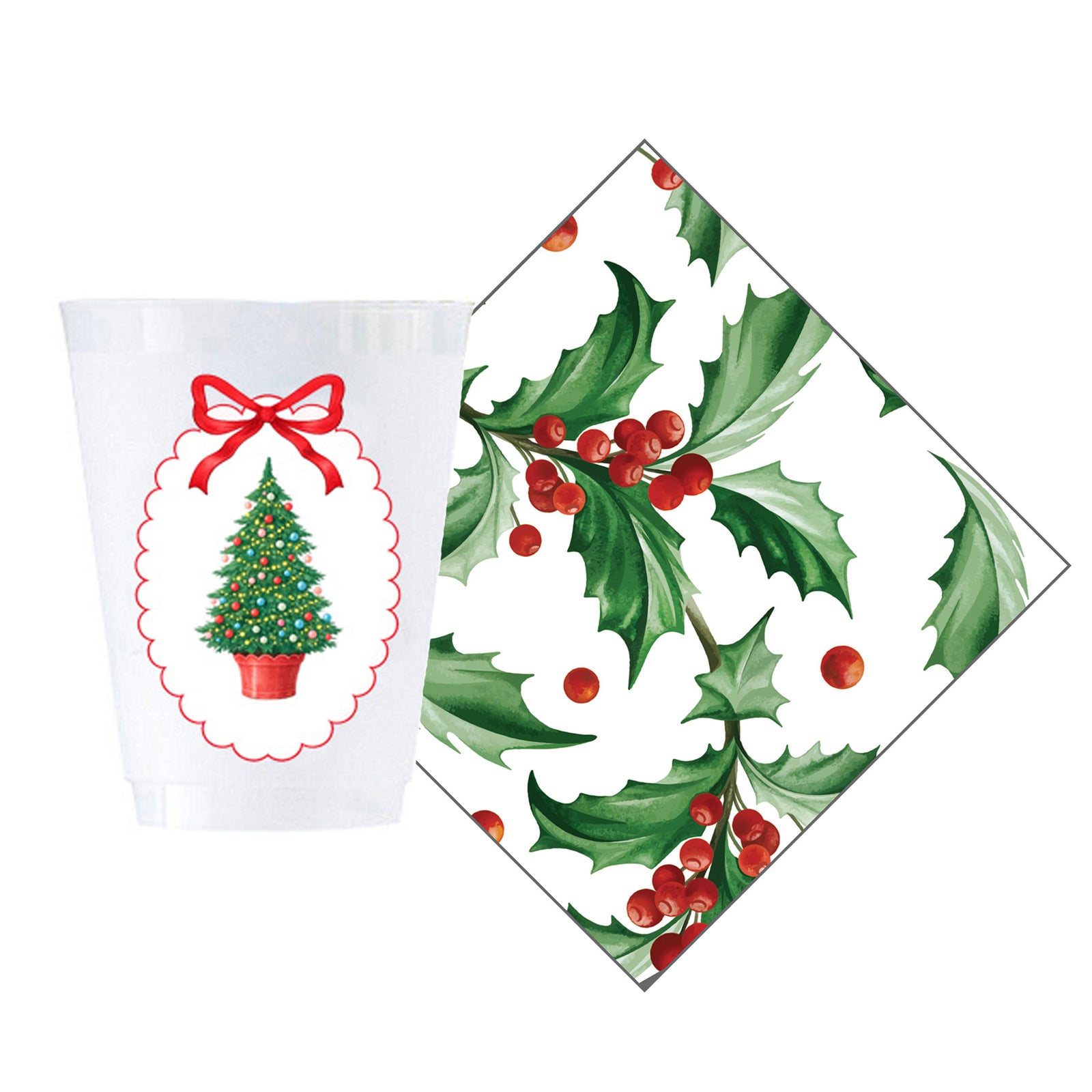 Christmas Tree Plaque & Holly Cup + Cocktail Napkin Gift Set