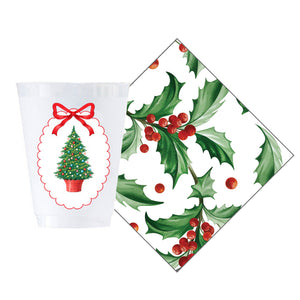 Christmas Tree Plaque & Holly Cup + Cocktail Napkin Gift Set