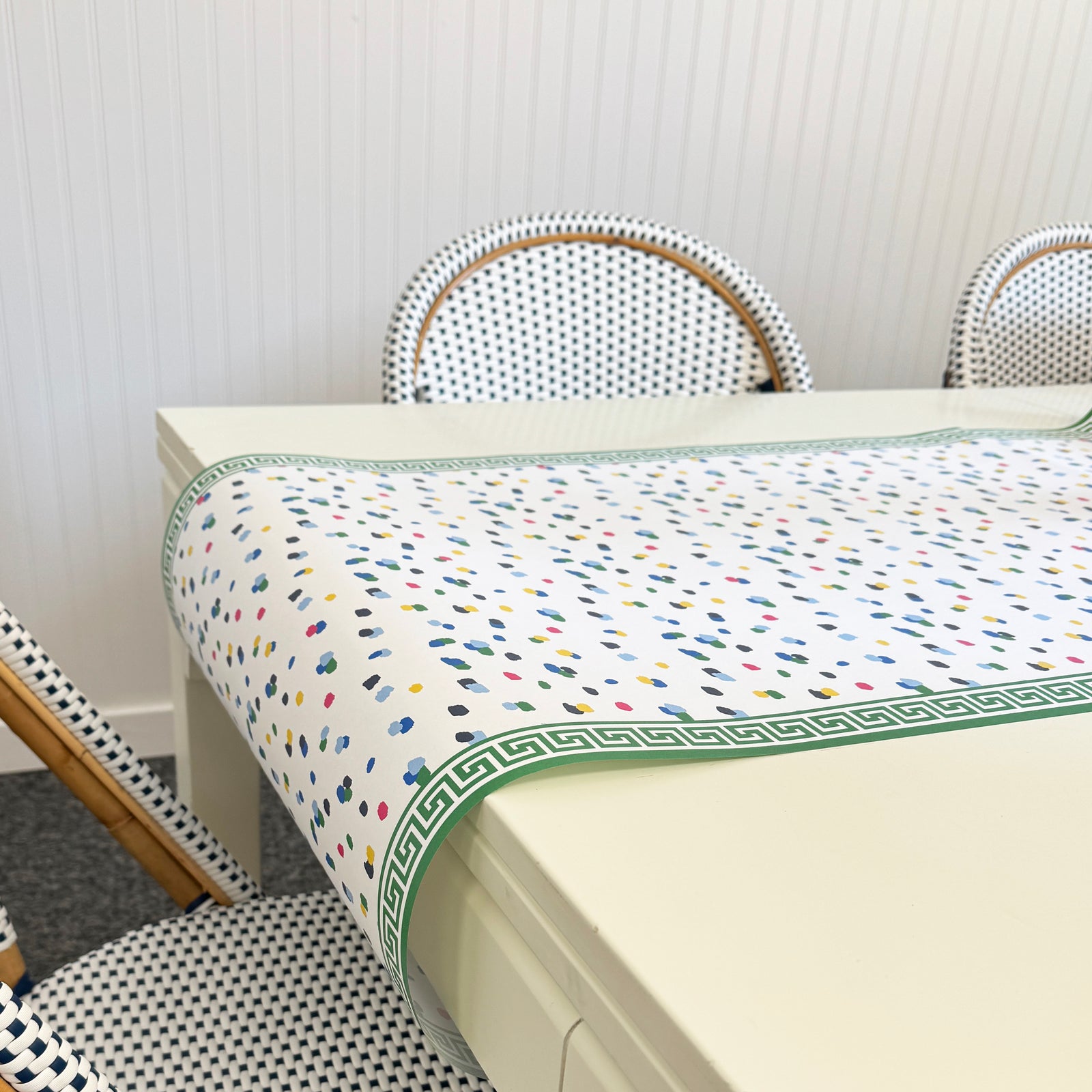 Paper Table Runner | Confetti with Greek Key Border