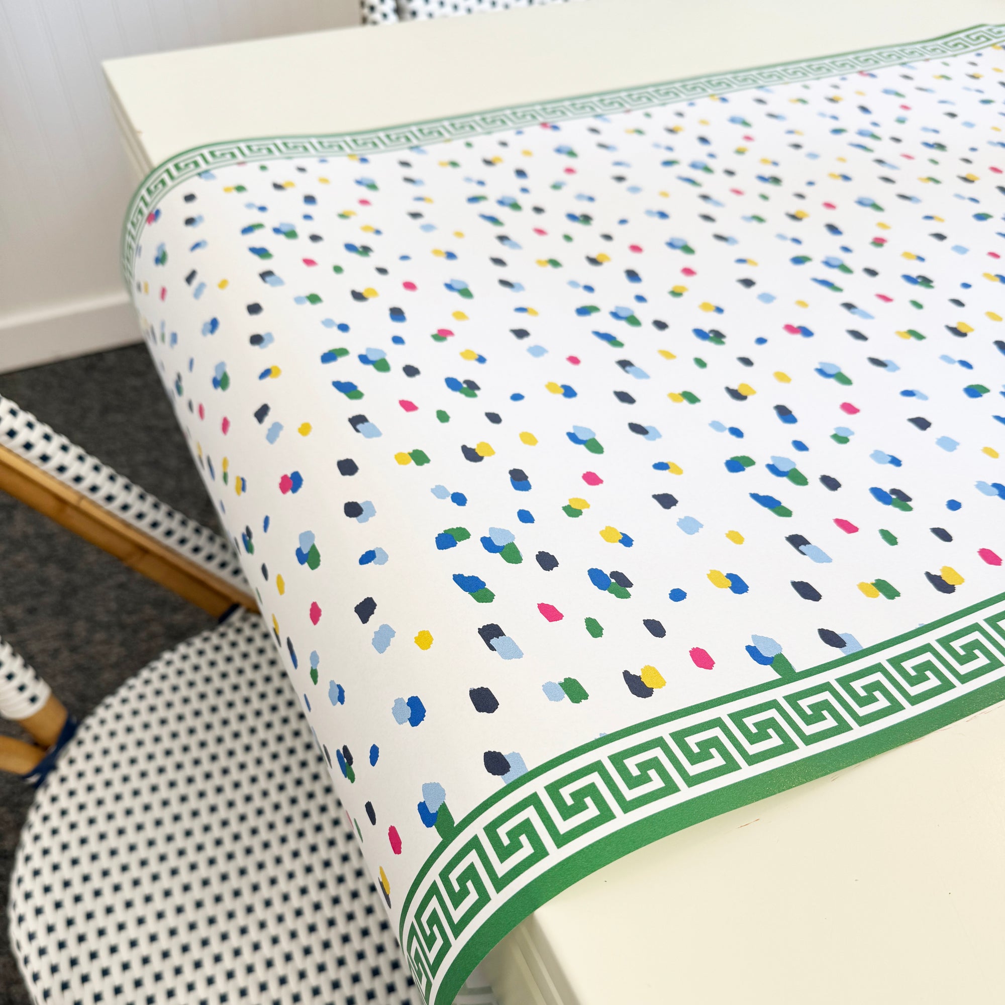 Paper Table Runner | Confetti with Greek Key Border