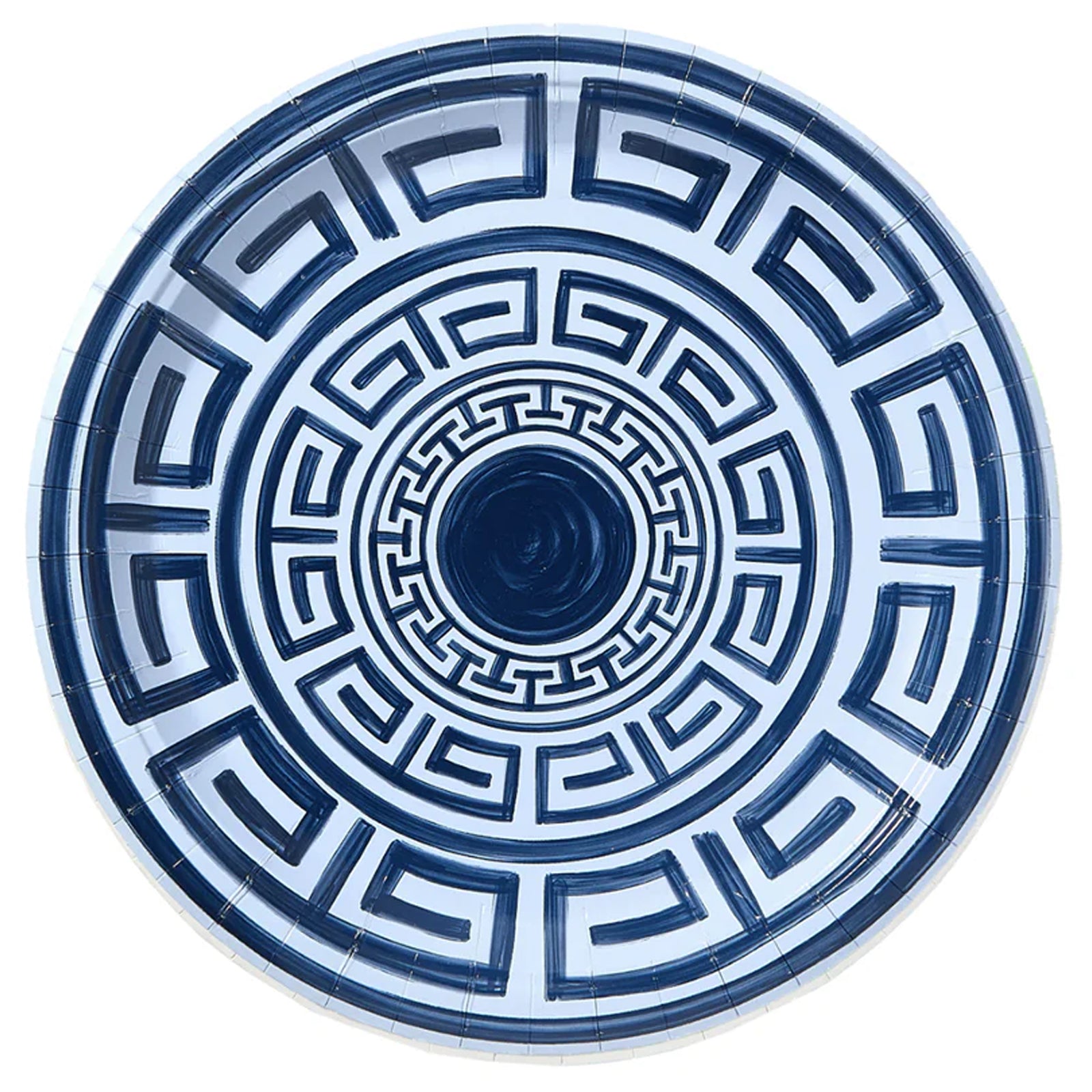 10.5" Navy and Sky Blue Greek Key Pavilion Paper Plates | Set of 8