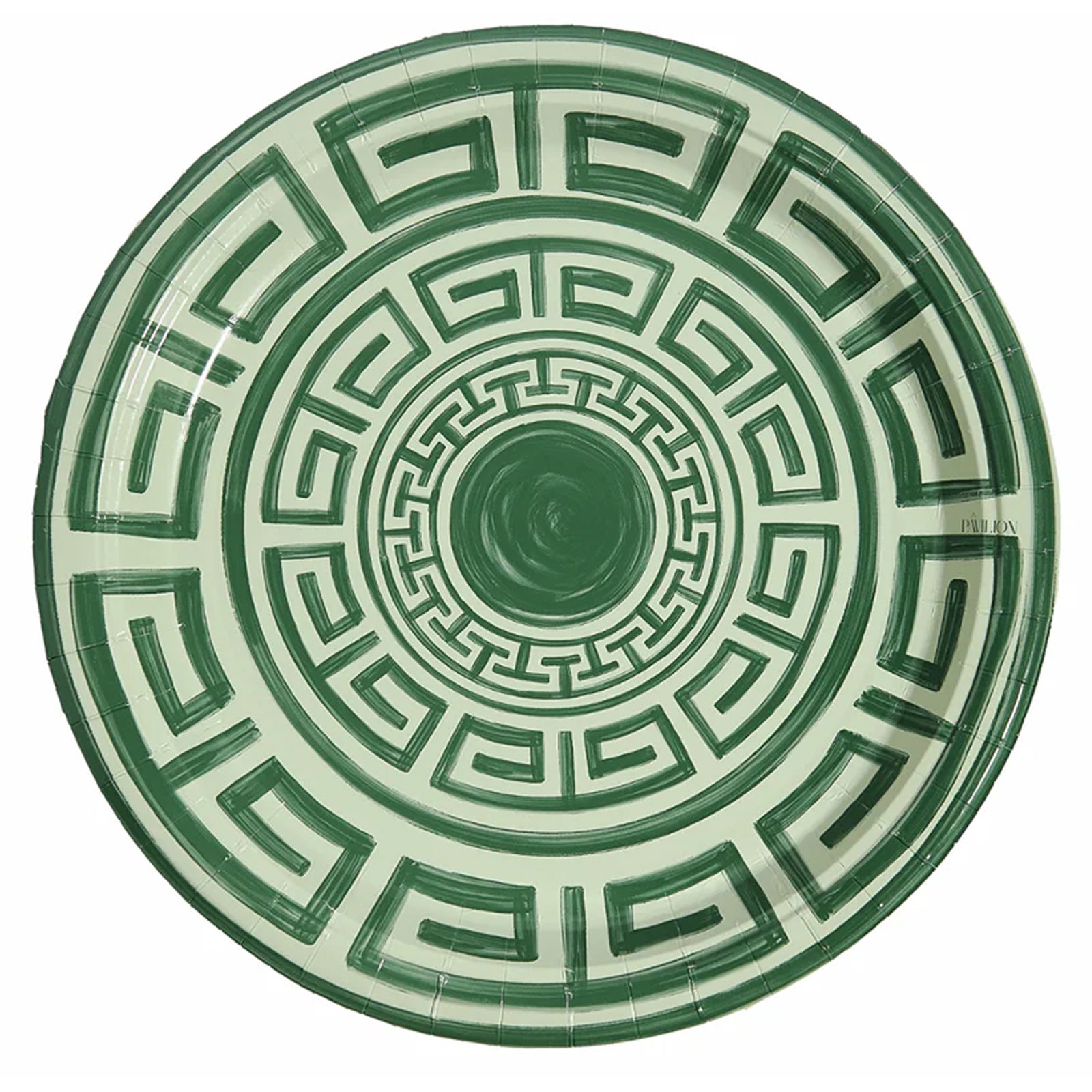 10.5" Sage Forest Green Greek Key Pavilion Paper Plates | Set of 8