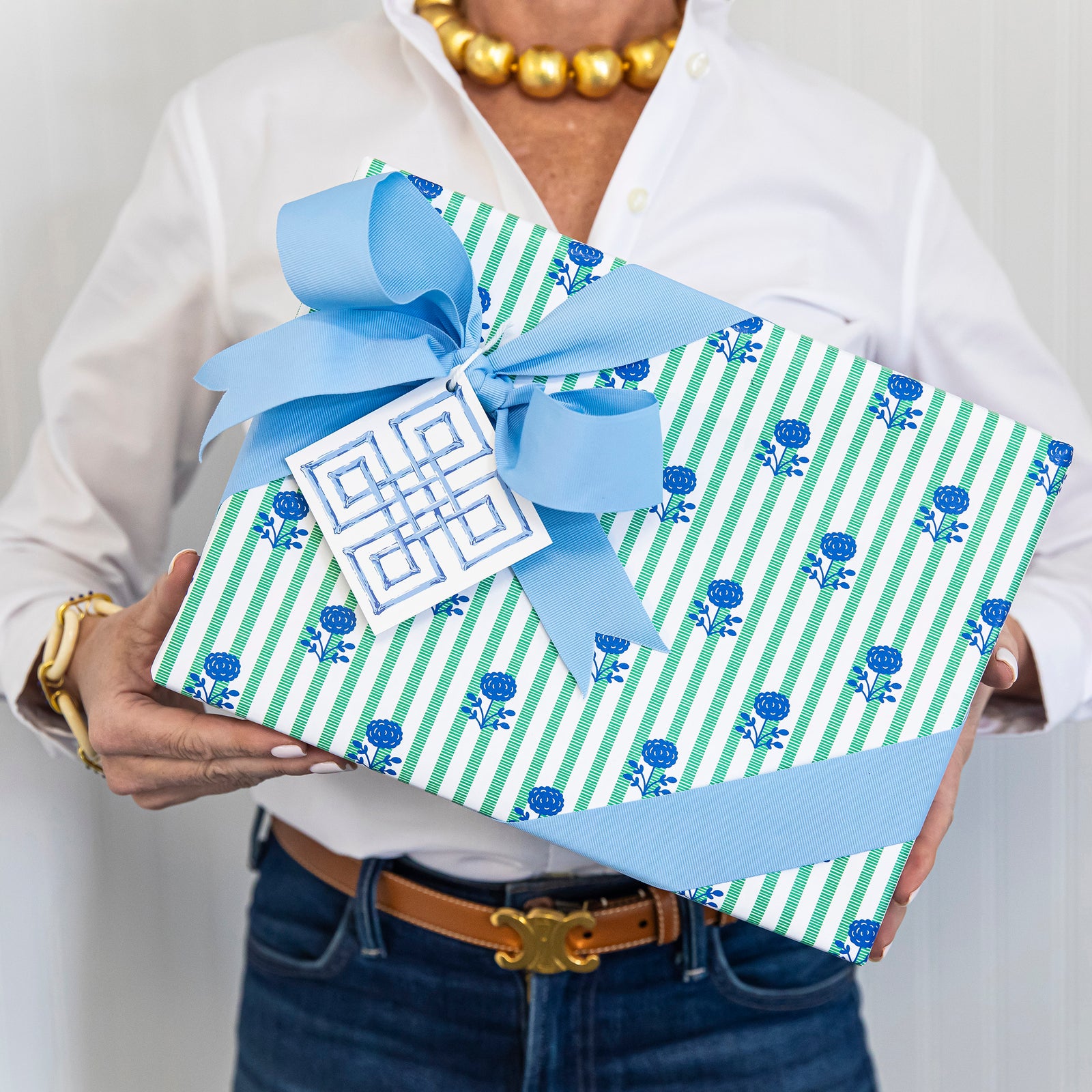 Continuous Roll Gift Wrap | Green + Blue Floral Stripe