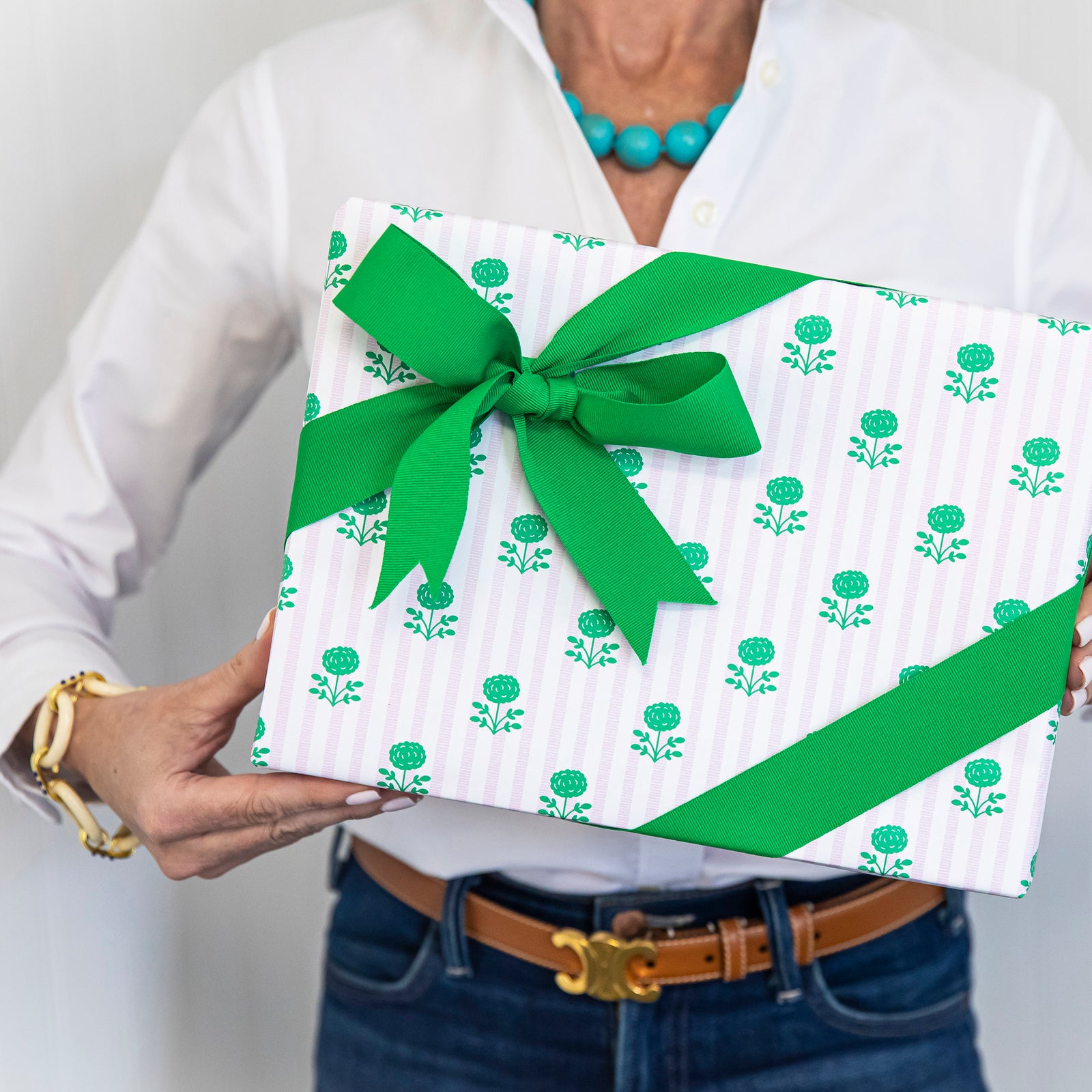 Continuous Roll Gift Wrap | Pink + Green Floral Stripe