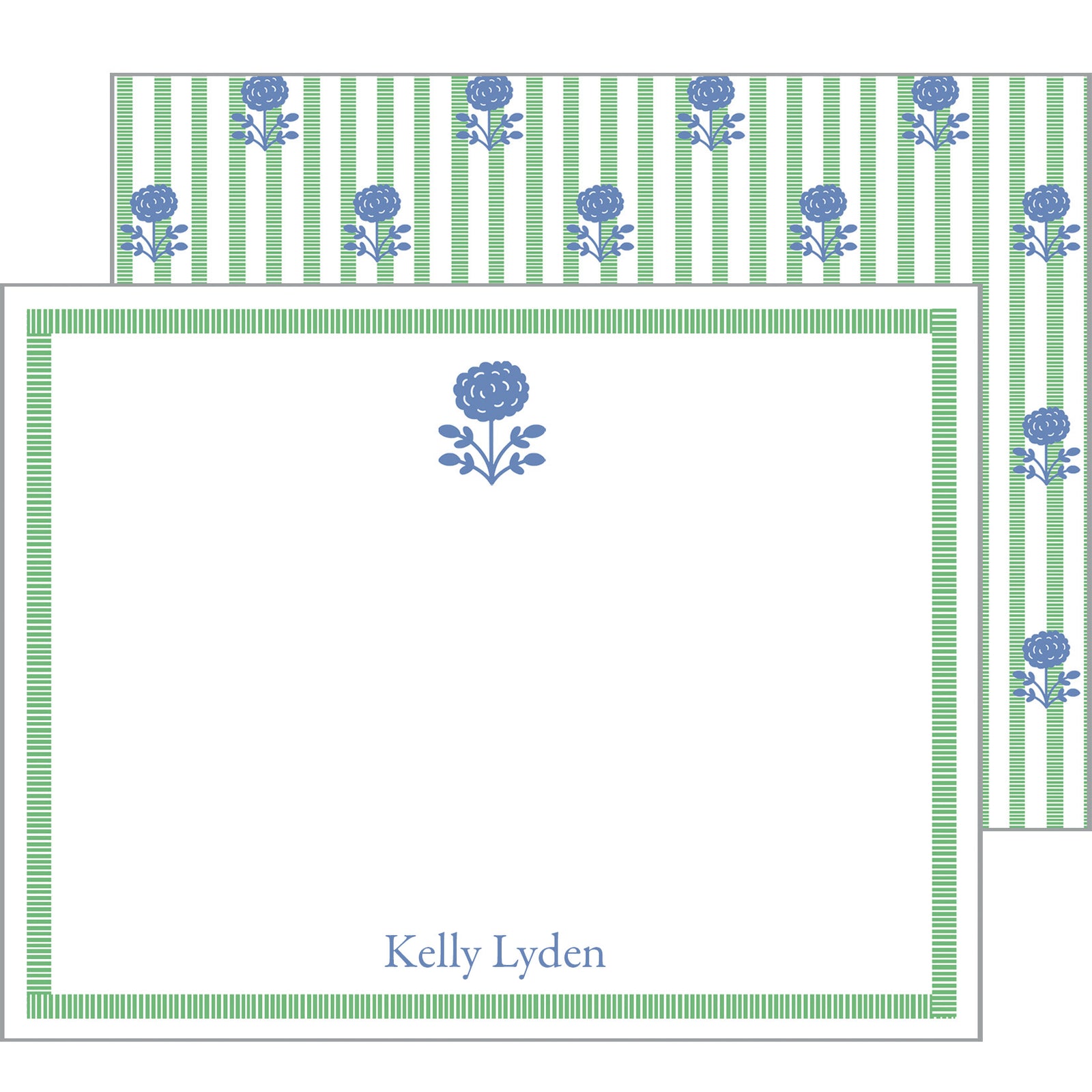 Green + Blue Floral Stripe Personalized Flat Notecards