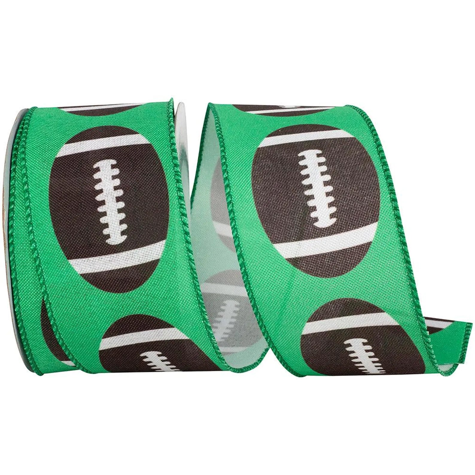 2.5" Green Footballs Wired Edge Ribbon