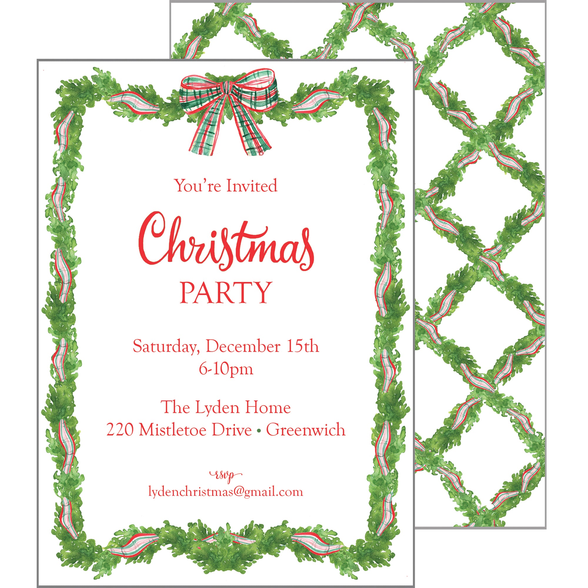 Christmas Garland with Tartan Bow Party Invitation