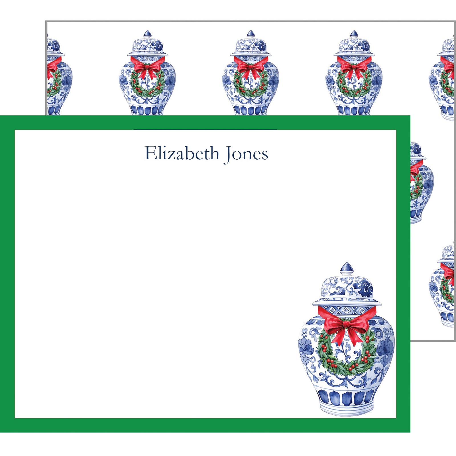 Christmas Ginger Jar with Wreath Personalized Flat Notecard