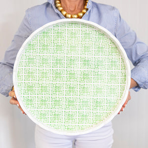 Green Bamboo Fret 16" Round Scalloped Lacquer Tray