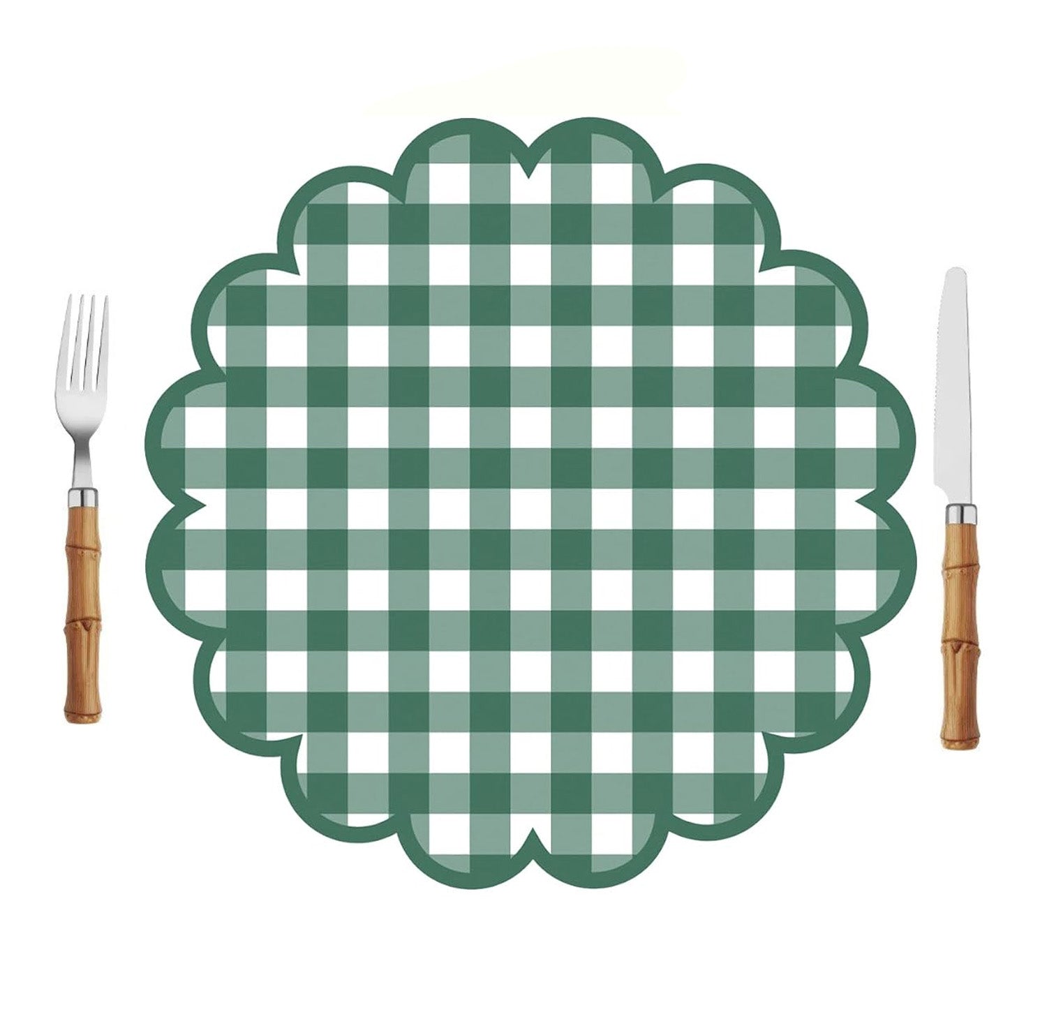 Scalloped Paper Placemats | Set of 10 | Green Gingham Check