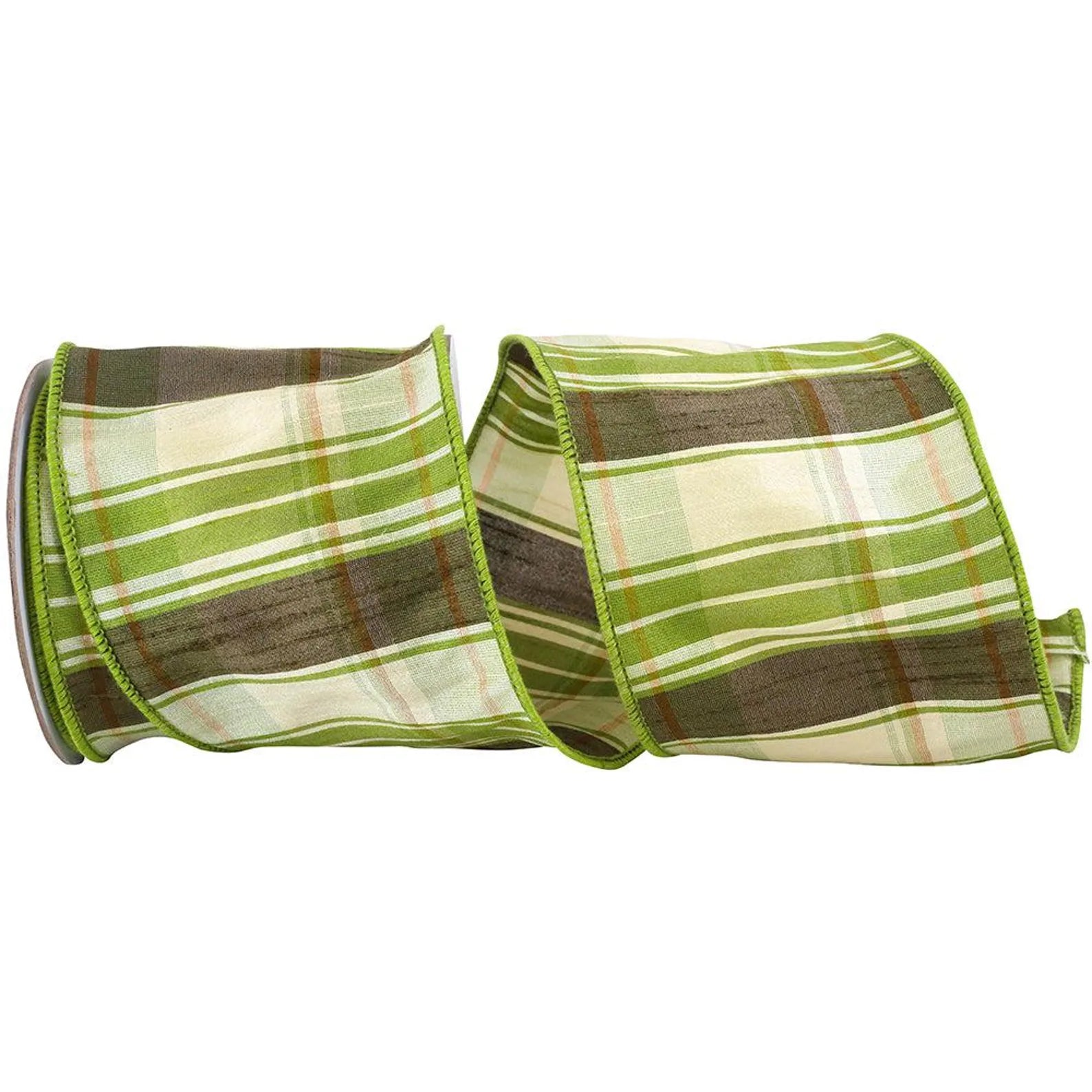 4" Green + Brown Plaid Silk Dupioni Wired Ribbon