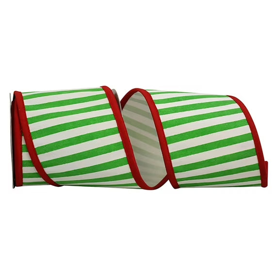 4" Green Railroad Stripe Wired Edge Ribbon