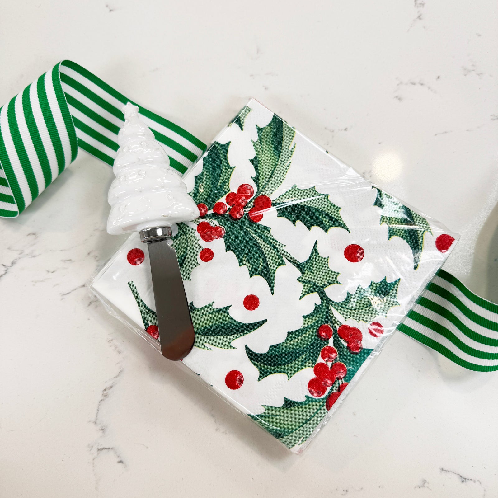 Bundle: White Ceramic Christmas Tree Spreader + Holly Cocktail Napkins