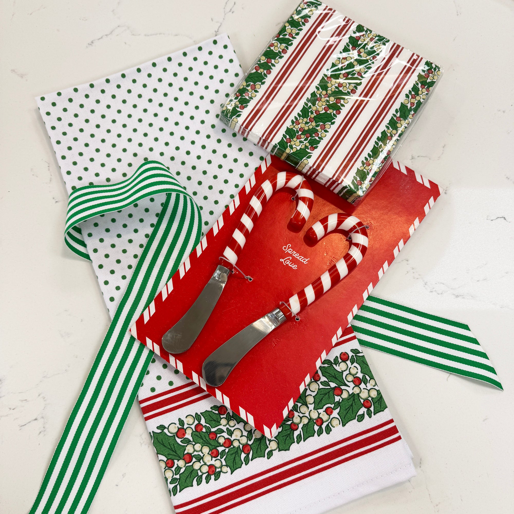 Bundle: Holly Stripe Tea Towel, Cocktail Napkins + Candy Cane Spreaders