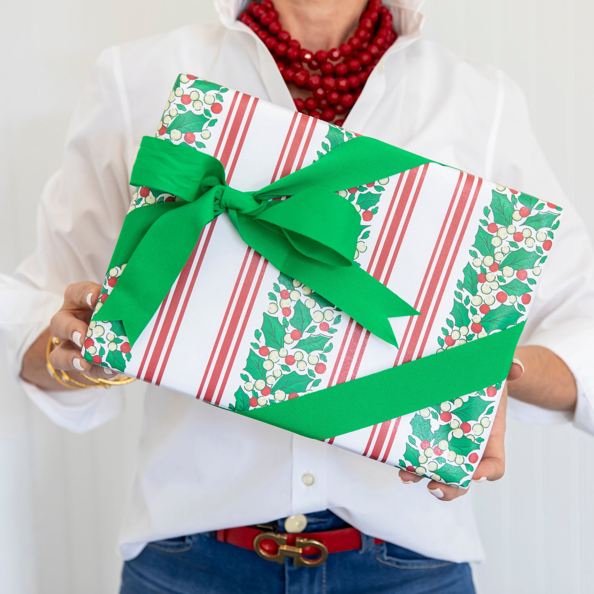 Continuous Roll Gift Wrap | Holly Stripe