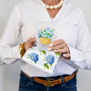 Bundle: Blue Hydrangeas Nantucket Basket Shatterproof Cups + Hydrangeas Stripe Cocktail Napkins