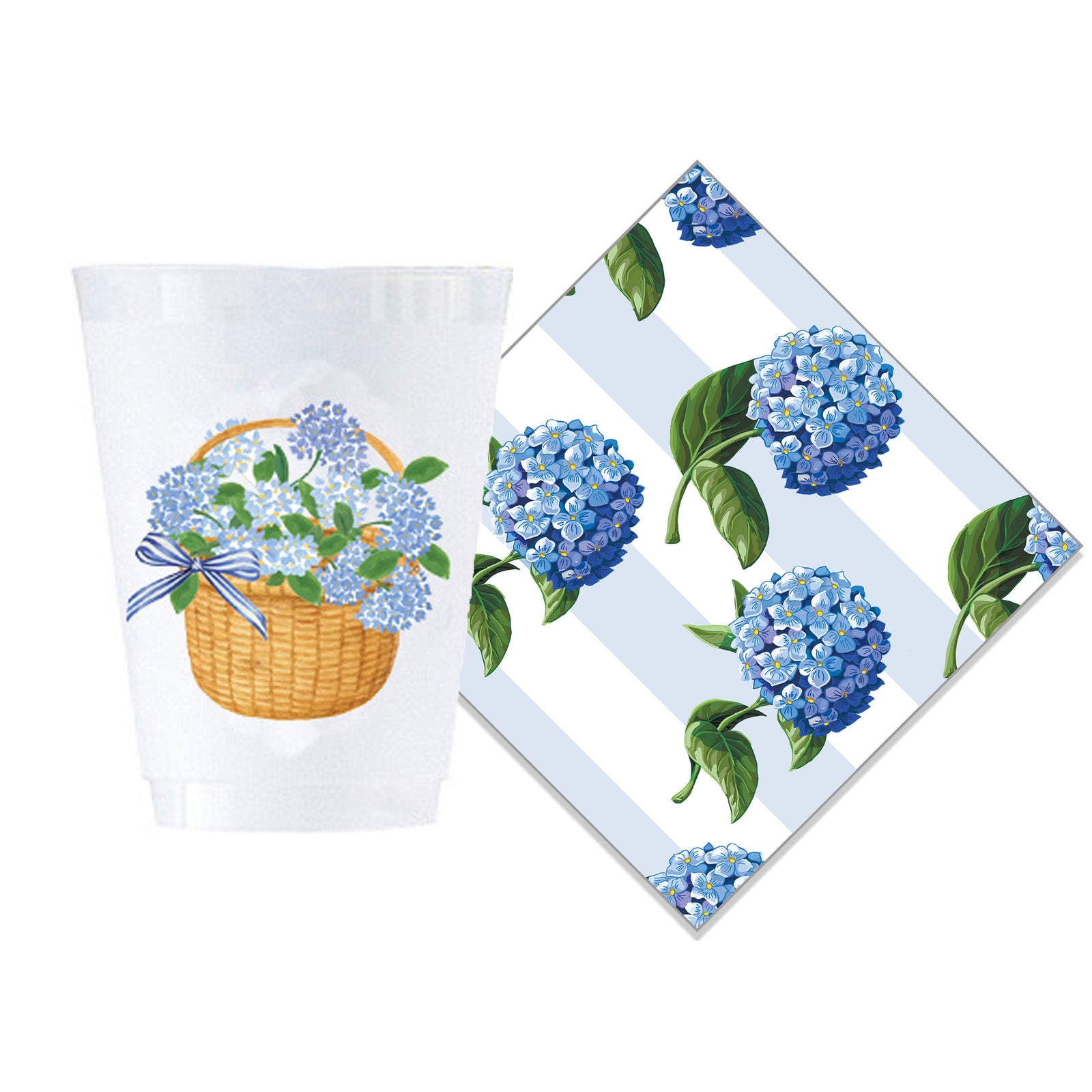 Bundle: Blue Hydrangeas Nantucket Basket Shatterproof Cups + Hydrangeas Stripe Cocktail Napkins