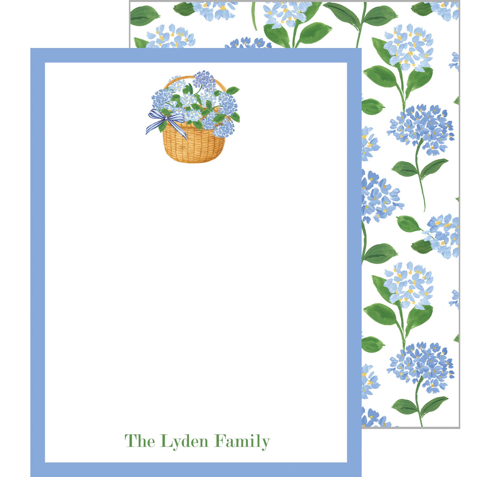 Blue Hydrangeas in a Nantucket Basket Personalized Flat Notecards