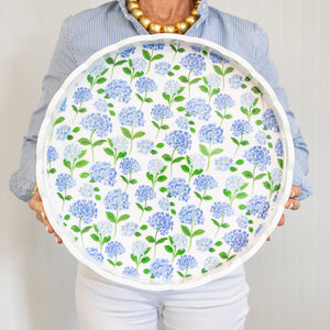 Blue Hydrangeas 16" Round Scalloped Lacquer Tray