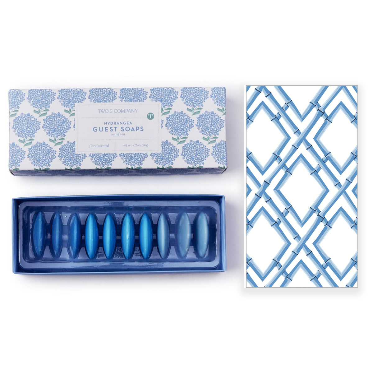 Bundle: Hydrangeas Disc Soap Set + Blue Bamboo Trellis Paper Guest Towels