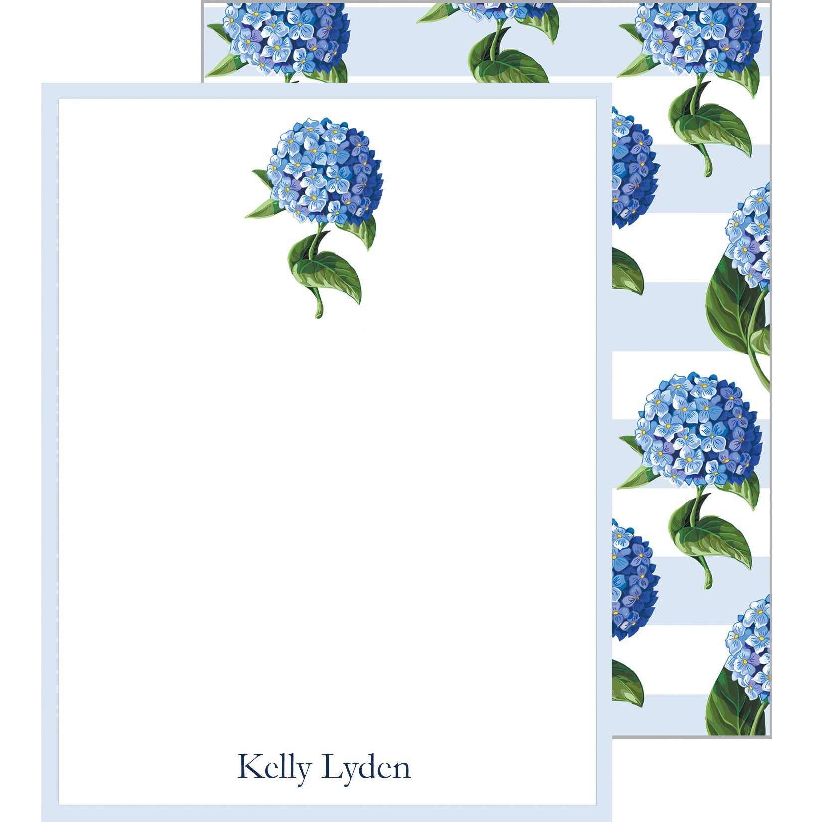 Blue Hydrangeas Stripe Personalized Flat Notecards