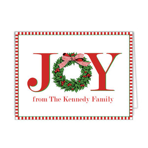 JOY Holly Wreath Personalized Christmas Folded Notecards