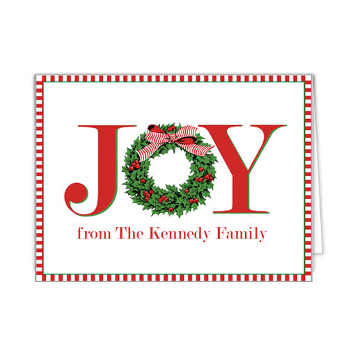 JOY Holly Wreath Personalized Christmas Folded Notecards