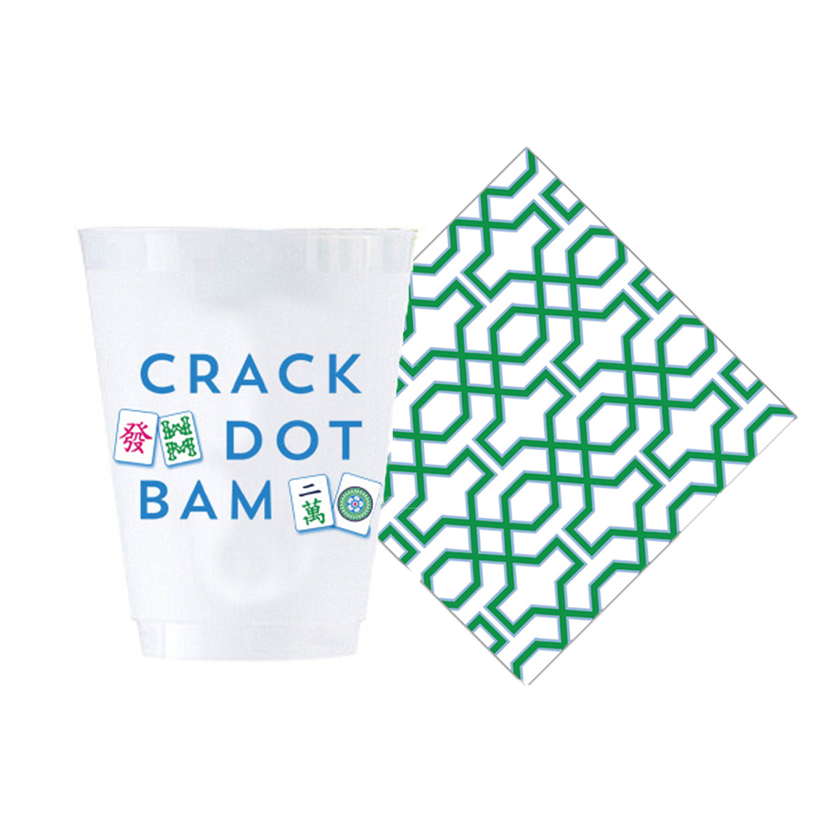 Bundle: Mahjong Shatterproof Cups and Green Bamboo Trellis Cocktail Napkins