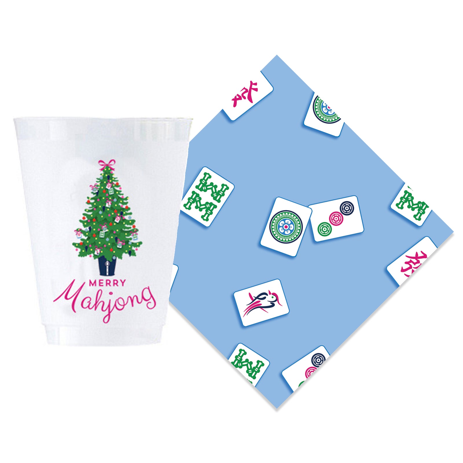 Bundle: Merry Mahjong Shatterproof Cups + Mahjong Tiles Cocktail Napkins