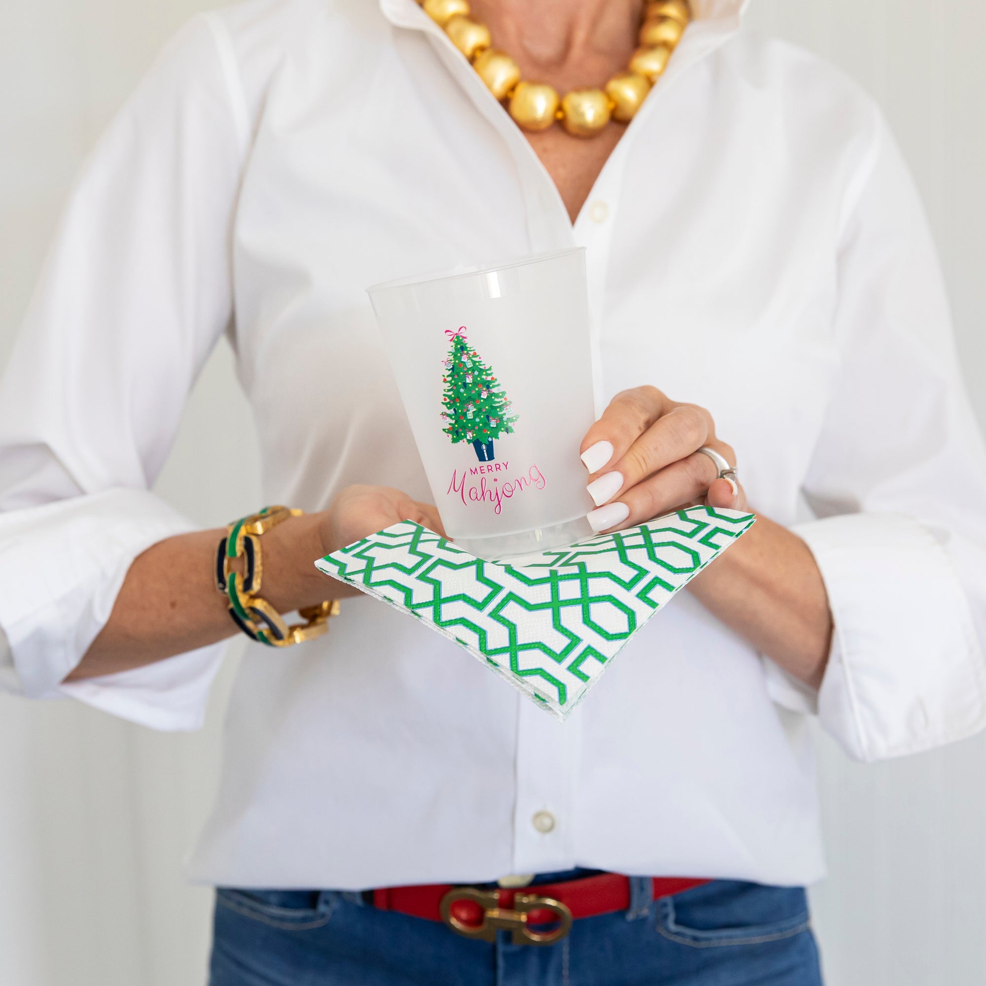 Bundle: Merry Mahjong Shatterproof Cups + Green Trellis Cocktail Napkins