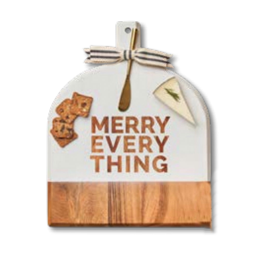 Merry Everything White Acacia Bevel Board with Gold Spreader