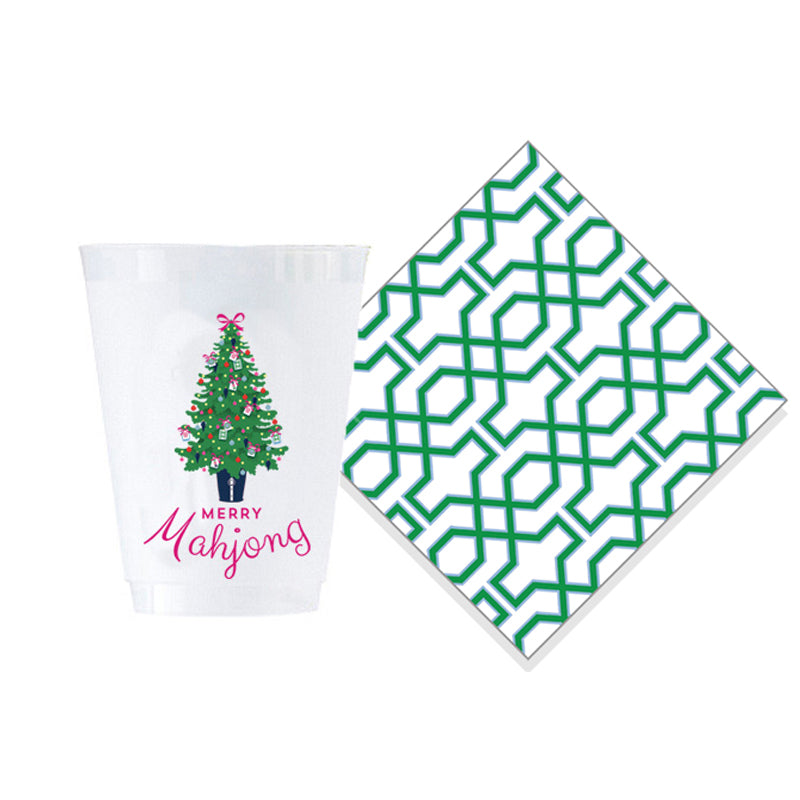 Bundle: Merry Mahjong Shatterproof Cups + Green Trellis Cocktail Napkins