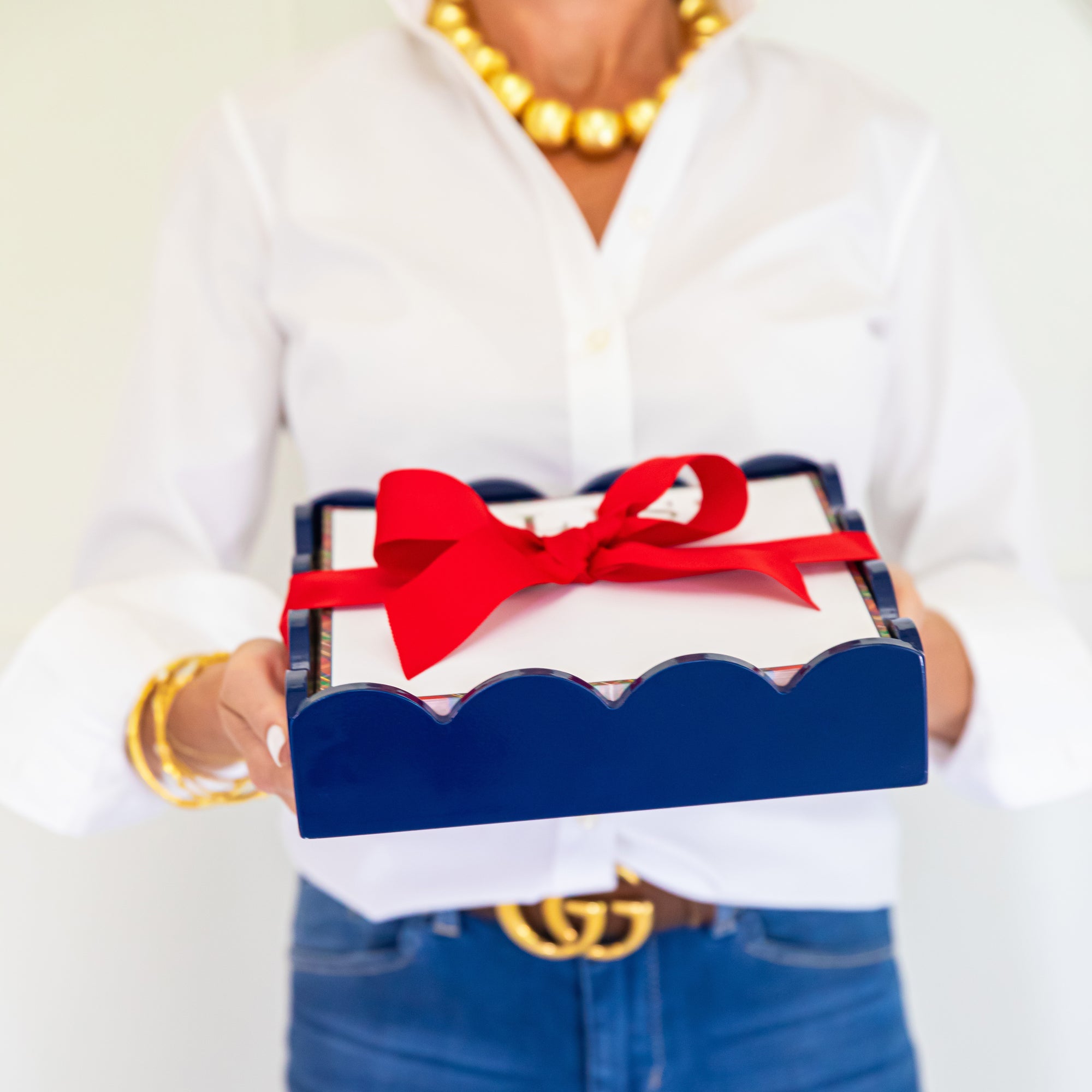 Navy Lacquered Scalloped Notepad Holder Small Tray