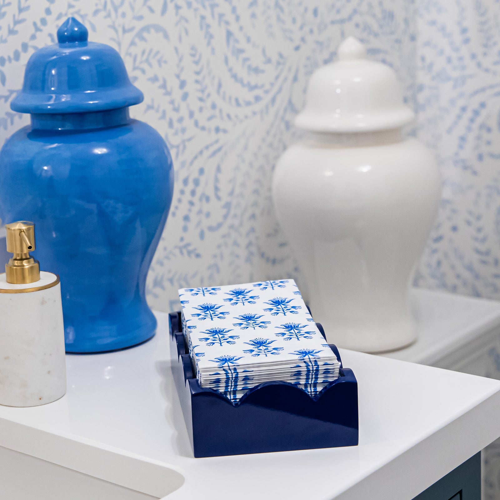 Navy Lacquered Scalloped Guest Towel Holder