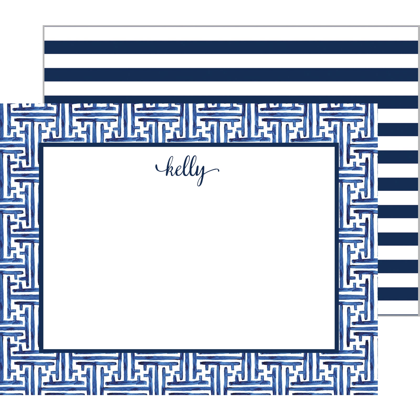 Navy Blue Basketweave Personalized Flat Notecards