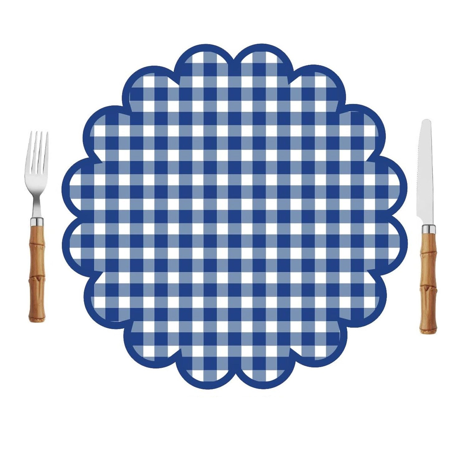 Scalloped Paper Placemats | Set of 10 | Navy Blue Gingham