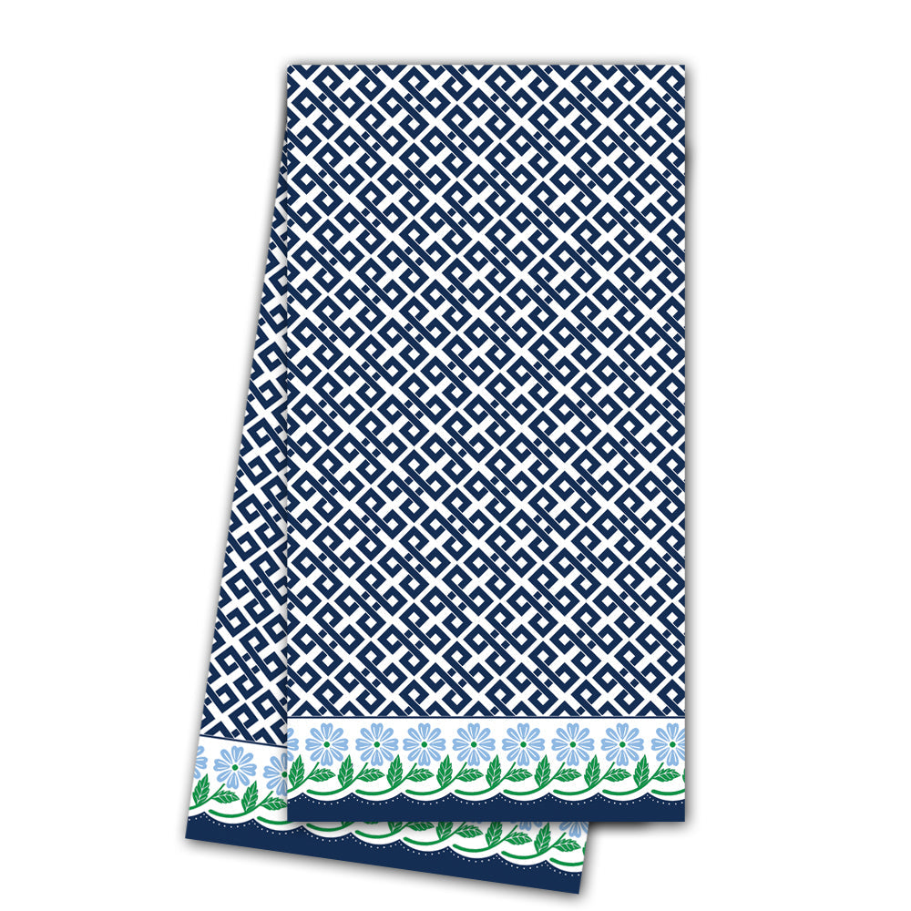 SALE! In Stock WH Hostess Cotton Tea Towel | Floral Border + Navy Diamond Pattern