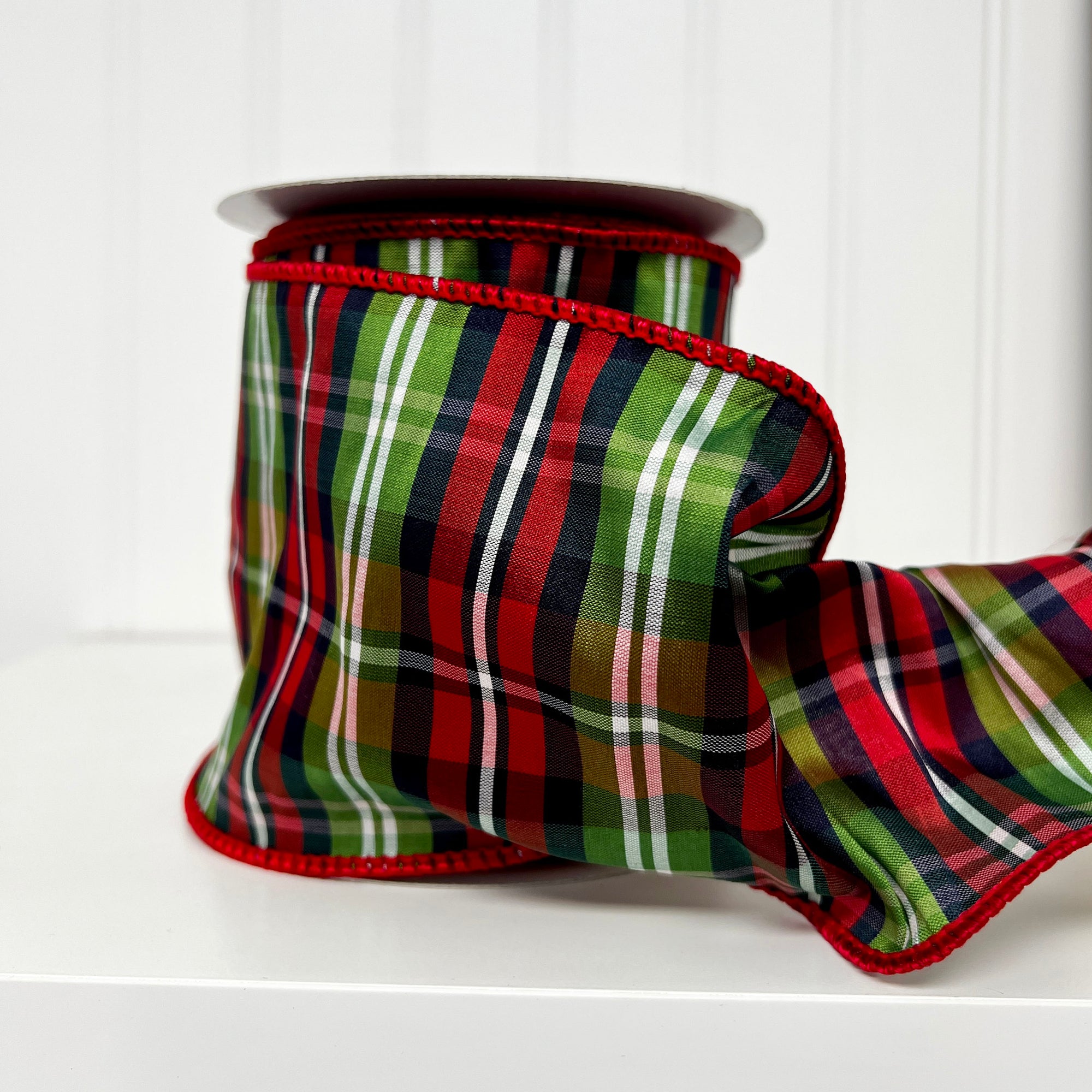 Red and Navy Blue Plaid Dupioni Wired Edge Ribbon