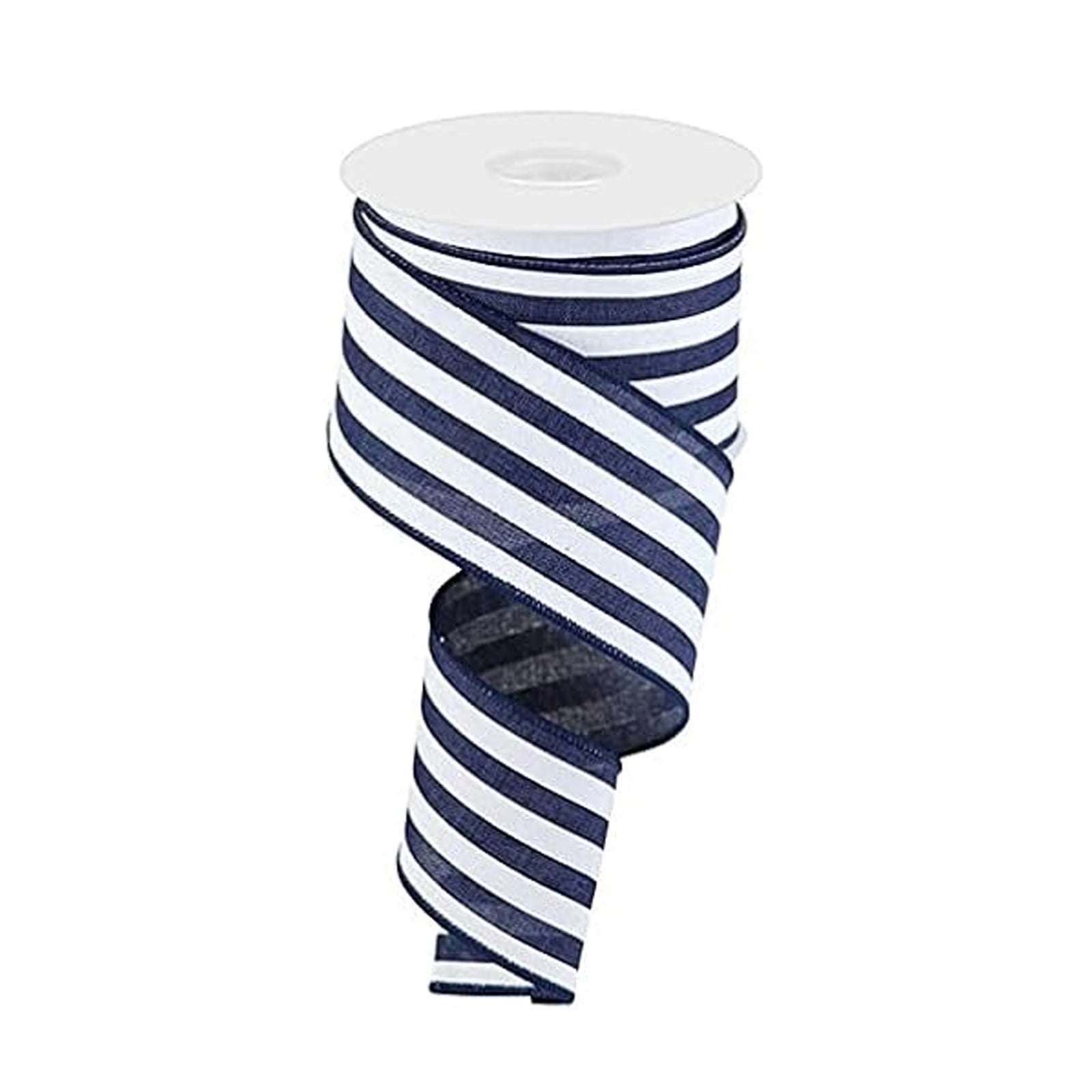 4" Navy and White Linen Stripe Wired Ribbon