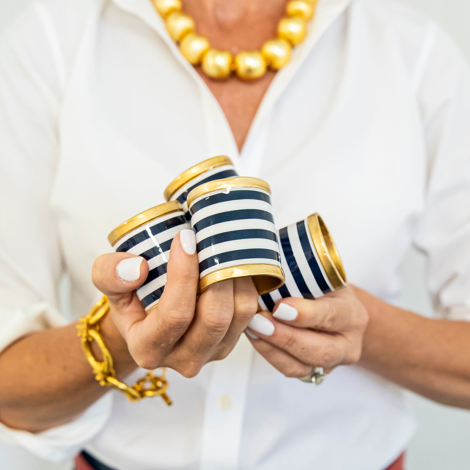 Navy Blue and White Stripe Enameled Napkin Rings | Set of 4