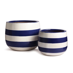 Navy Blue and White Stripe Handmade Ceramic Planters (Set of 2)