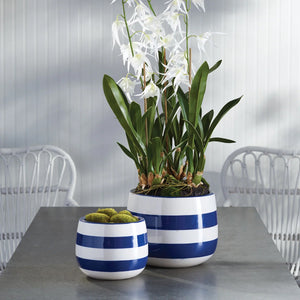 Navy Blue and White Stripe Handmade Ceramic Planters (Set of 2)
