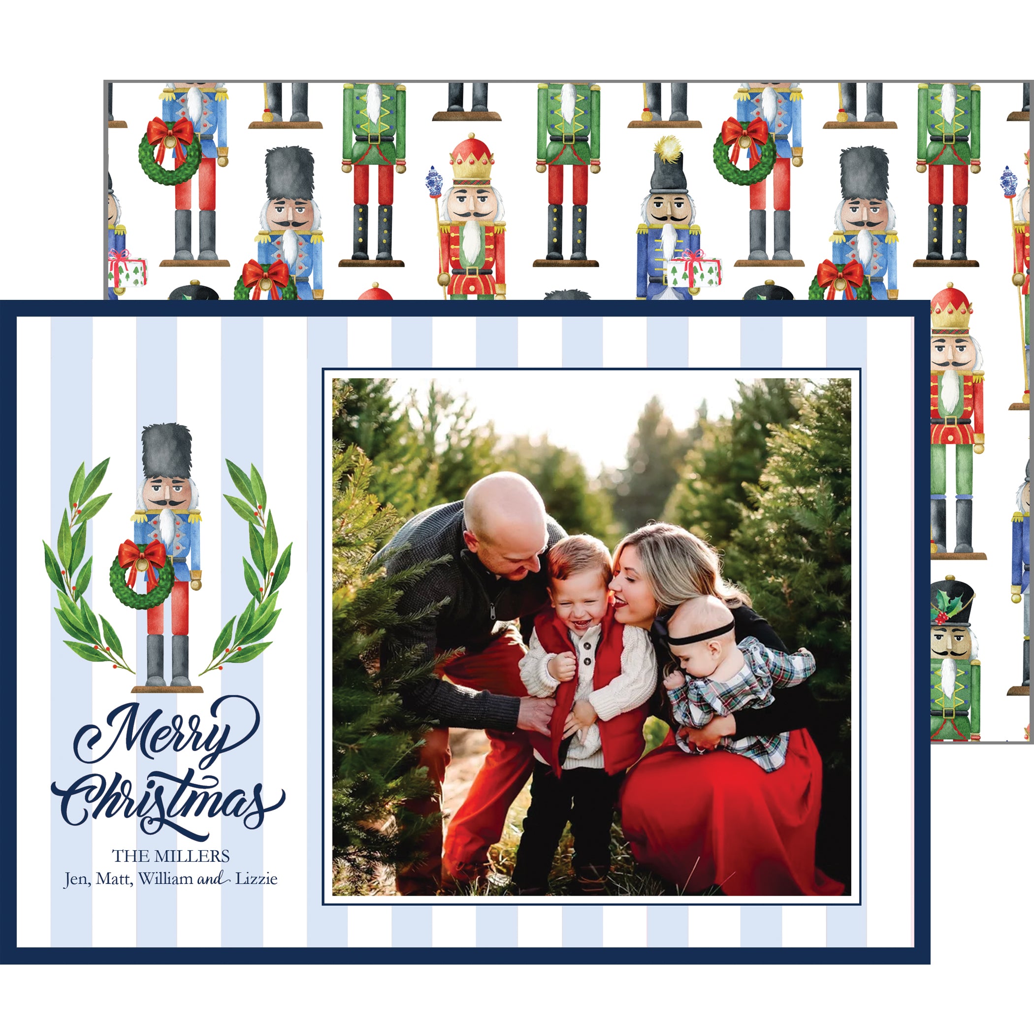 Nutcracker and Blue Stripe Christmas Photo Card