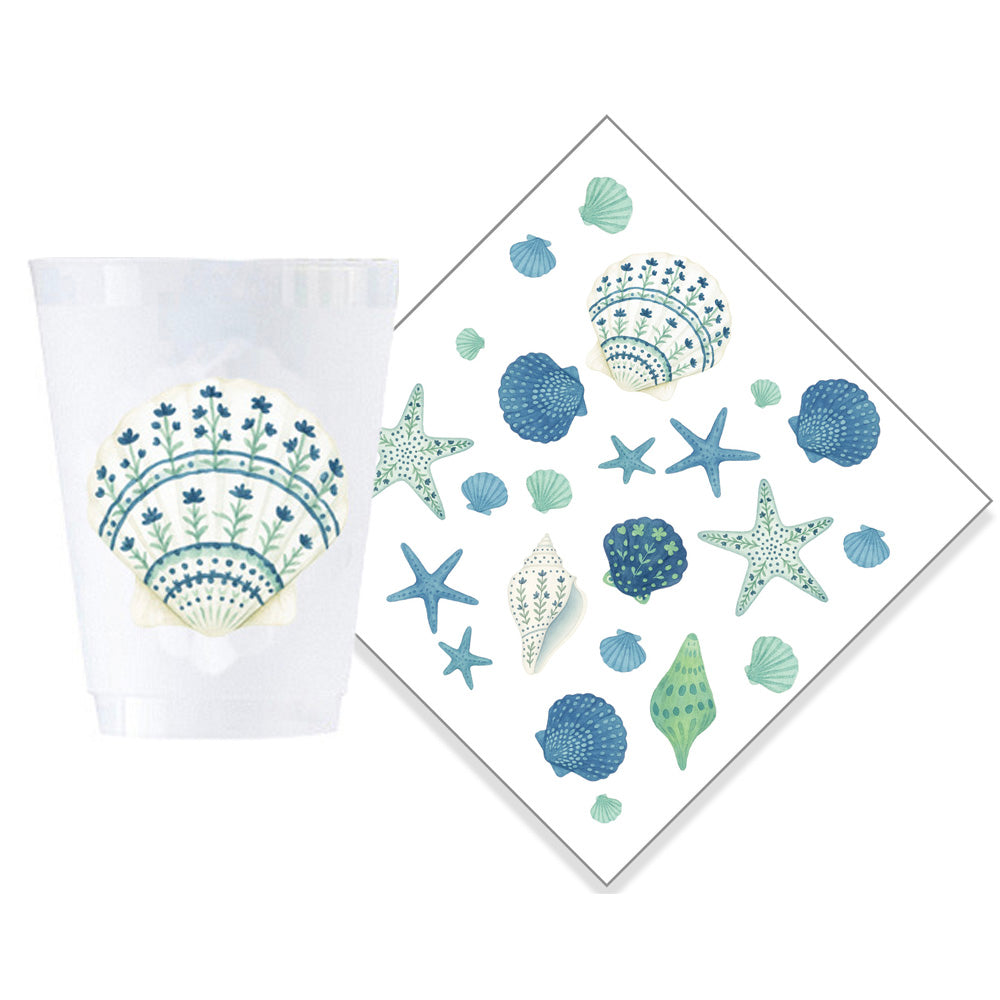 Bundle: Painted Sea Shell Shatterproof Cups + Cocktail Napkins