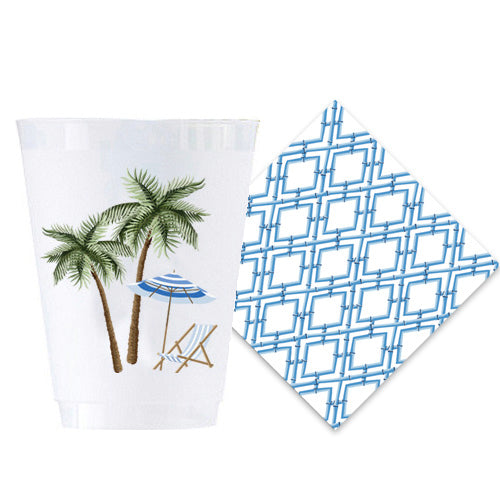 Palm Trees Shatterproof Cups + Blue Bamboo Cocktail Napkins