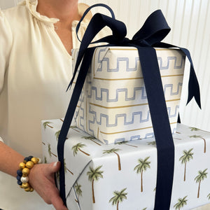 Watercolor Greek Key Stripe Gift Wrap Sheets | Tan + Blue